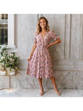Sessun Floral Midi Dress Button Front Cameo Rose Henley Boho A-Line Cottagecore